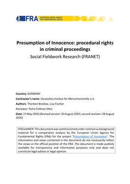 Presumption of Innocence: Procedural Rights in Criminal Proceedings Social Fieldwork Research (FRANET)