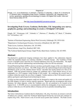 Investigating Peak Cavern, Castleton, Derbyshire, UK: Integrating Cave Survey, Geophysics, Geology and Archaeology to Create a 3D Digital CAD Model