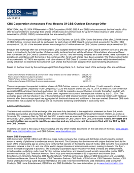 CBS Corporation Announces Final Results of CBS Outdoor Exchange Offer