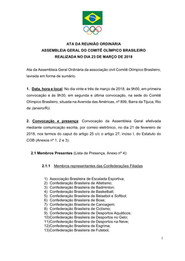 Ata Da Reunião Ordinária Assembleia Geral Do Comitê Olímpico Brasileiro Realizada No Dia 23 De Março De 2018