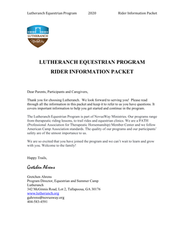 Lutheranch Equestrian Program Rider Information Packet