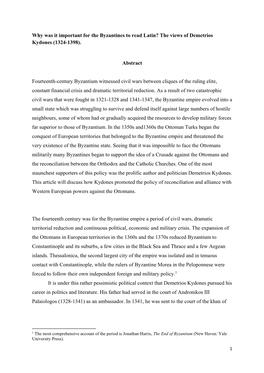 Why Was It Important for the Byzantines to Read Latin? the Views of Demetrios Kydones (1324-1398)