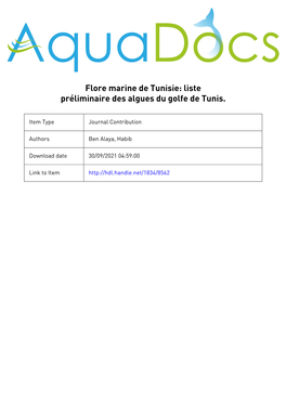 Flore Marine De Tunisie I : Liste Preliminaire Des Algues Du Golfe De Tunis