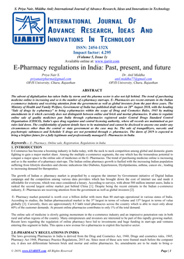 E-Pharmacy Regulations in India: Past, Present, and Future Priya Nair S