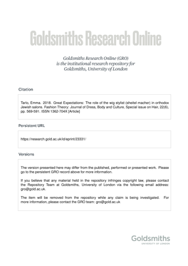 Tarlo, Emma. 2018. Great Expectations: the Role of the Wig Stylist (Sheitel Macher) in Orthodox Jewish Salons