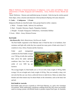 Class 4 :Definition of Breed-Classification of Indigenous, Exotic Cattle and Buffaloes -Breed Characteristics of Sindhi, Kangaya