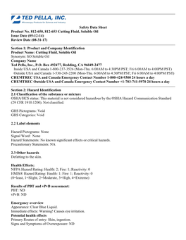 Safety Data Sheet Product No. 812-650, 812-653 Cutting Fluid, Soluble Oil Issue Date (05-12-14) Review Date (08-31-17)