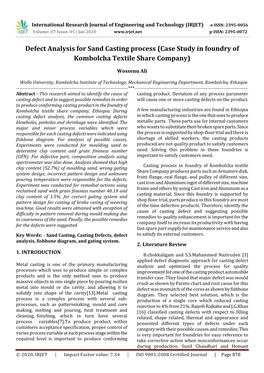 Defect Analysis for Sand Casting Process (Case Study in Foundry of Kombolcha Textile Share Company)