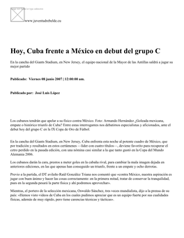 Hoy, Cuba Frente a México En Debut Del Grupo C