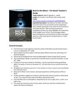 Back to the Moon – for Good: Teacher's Guide