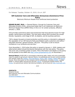 GM Customer Care and Aftersales Announces Ecommerce Price Policy Electronic Minimum Resale Price Reinforces Brand Protection