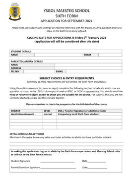 Ysgol Maesteg School Sixth Form Application for September 2021