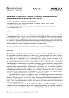 A New Genus of Scolopendrid Centipede (Chilopoda: Scolopendromorpha: Scolopendrini) from the Central Australian Deserts