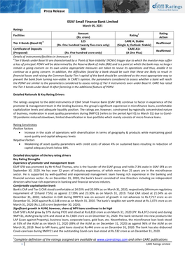 Press Release ESAF Small Finance Bank Limited