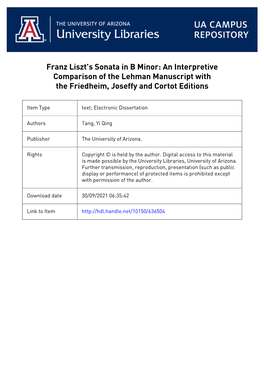 Franz Liszt's Sonata in B Minor: an Interpretive Comparison of the Lehman