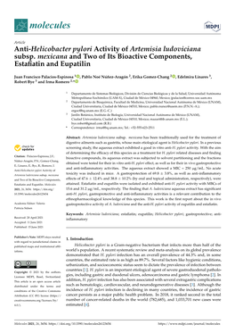 Anti-Helicobacter Pylori Activity of Artemisia Ludoviciana Subsp