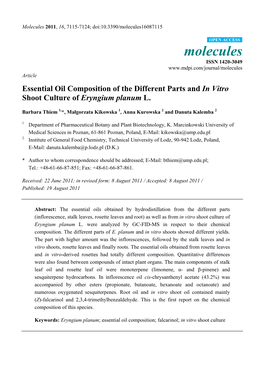 Essential Oil Composition of the Different Parts and in Vitro Shoot Culture of Eryngium Planum L