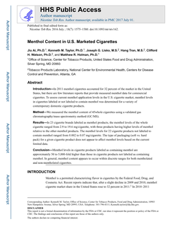 Menthol Content in U.S. Marketed Cigarettes