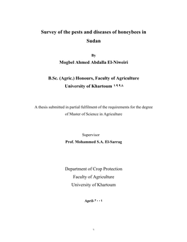 Survey of the Pests and Diseases of Honeybees in Sudan