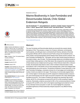 Marine Biodiversity in Juan Fernández and Desventuradas Islands, Chile: Global Endemism Hotspots
