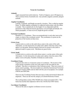 Terms for Coordinates Azimuth Angle Measured from North Clockwise