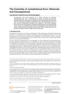 The Centrality of Jurisdictional Error: Rationale and Consequences Lisa Burton Crawford and Janina Boughey*