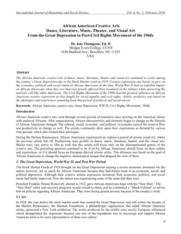 African American Creative Arts Dance, Literature, Music, Theater, and Visual Art from the Great Depression to Post-Civil Rights Movement of the 1960S