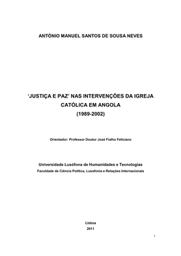 'Justiça E Paz' Nas Intervenções Da Igreja Católica Em Angola (1989-2002)