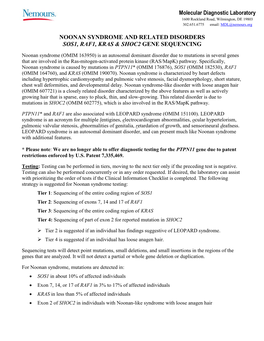 Noonan Syndrome and Related Disorders Sos1, Raf1, Kras & Shoc2 Gene Sequencing