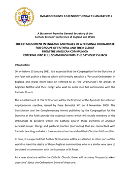 The Establishment in England and Wales of a Personal Ordinariate for Groups of Faithful and Their Clergy from the Anglican Comm