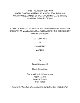 Three Theories of Just War: Understanding Warfare As a Social Tool Through Comparative Analysis of Western, Chinese, and Islamic Classical Theories of War