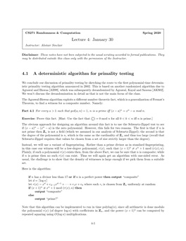 January 30 4.1 a Deterministic Algorithm for Primality Testing