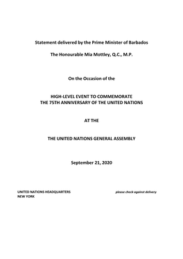 Statement Delivered by the Prime Minister of Barbados The