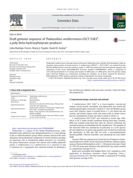 Draft Genome Sequence of Thalassobius Mediterraneus CECT 5383T, a Poly-Beta-Hydroxybutyrate Producer