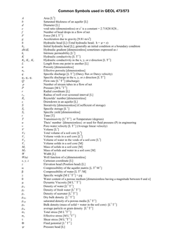 Table of Common Symbols Used in Hydrogeology