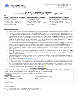 INDIAN OVERSEAS BANK Ph: 04179-227666 GANDHIPET THIRUPATHUR(1884) E-Mail: Iob1884@Iob.In Date:25.07.2019