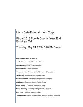 Lions Gate Entertainment Corp. Fiscal 2018 Fourth Quarter Year End