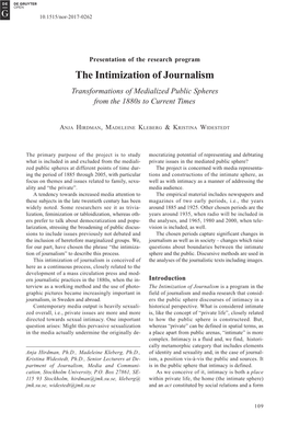 The Intimization of Journalism Transformations of Medialized Public Spheres from the 1880S to Current Times