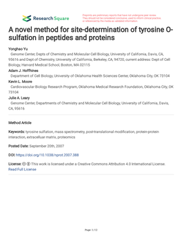 A Novel Method for Site-Determination of Tyrosine O- Sulfation in Peptides and Proteins