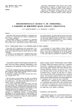 Trichostrongylus Cramae N. Sp. (Nematoda), a Parasite of Bob-White Quail (Colinus Virginianus) M.-C