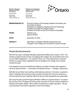 Next Steps in Strategic Mandate Agreements and Changes in the College and University Funding Formulas