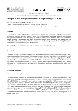 Hotspots of Mite New Species Discovery: Sarcoptiformes (2013–2015)