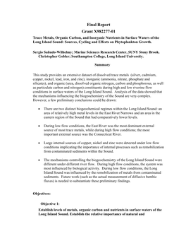 Trace Metals, Organic Carbon, and Inorganic Nutrients in Surface Waters of the Long Island Sound: Sources, Cycling and Effects on Phytoplankton Growth