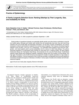 Practice of Epidemiology a Family Longevity Selection Score