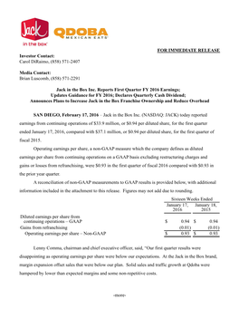 Q1 FY16 Earnings Release Ex 99.1