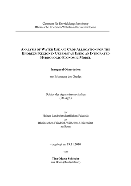 Analysis of Water Use and Crop Allocation for the Khorezm Region in Uzbekistan Using an Integrated Hydrologic -Economic Model