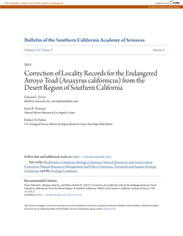 Anaxyrus Californicus) from the Desert Region of Southern California Edward L