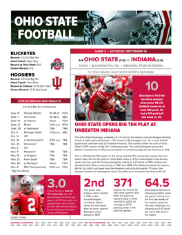 BUCKEYES GAME 3 | SATURDAY, SEPTEMBER 14 Record: 2-0, 0-0 Big Ten Head Coach: Ryan Day 6/6 OHIO STATE (2-0) VS