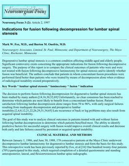 Indications for Fusion Following Decompression for Lumbar Spinal Stenosis