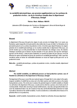 1 La Variabilité Pluviométrique, Une Pression Supplémentaire Sur Les Systèmes De Production Vivrière : Cas De La Rizicultur